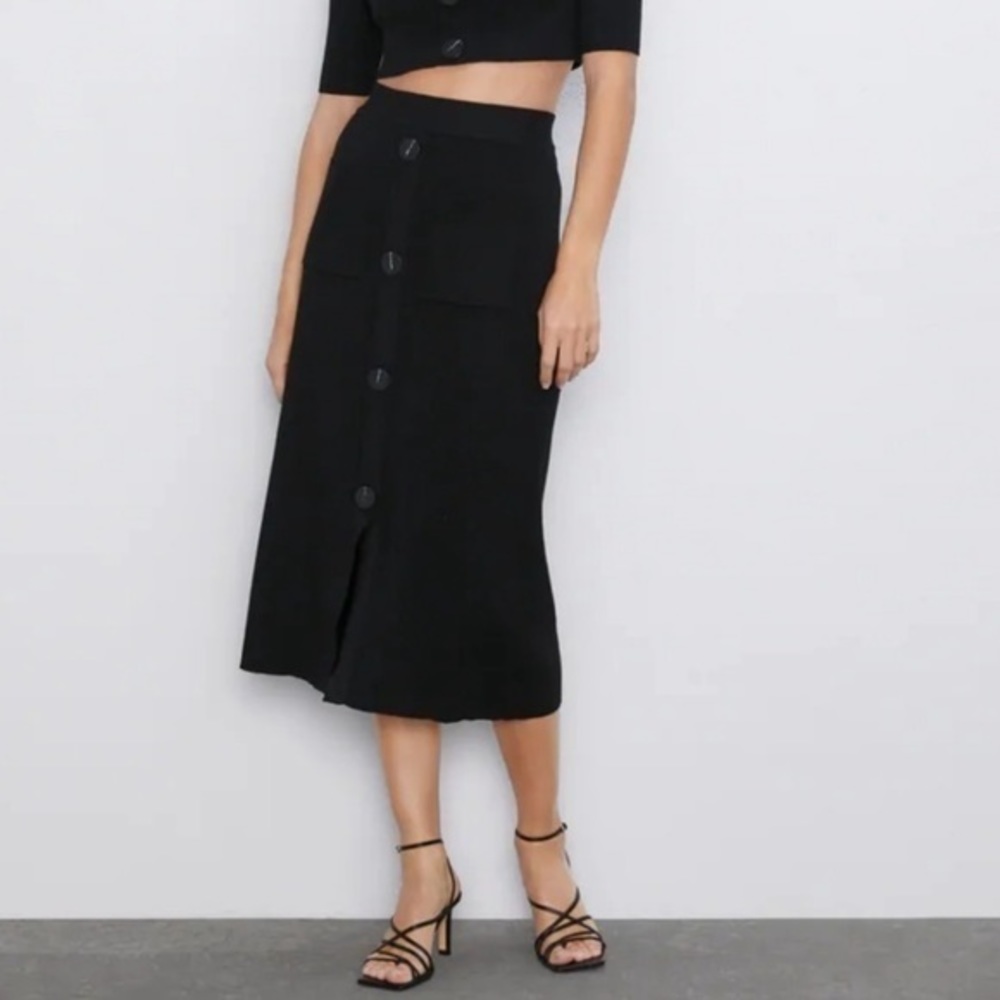 Zara Black Ribbed Button Down Midi Dress | S